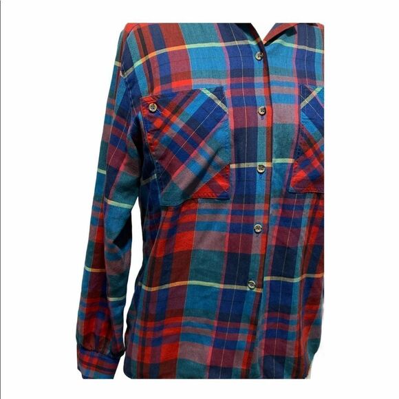 Vintage 80s Shirt Button Down Shirt Stop Plaid Chest Pockets Long Sleeve Blue 12 - Picture 4 of 13